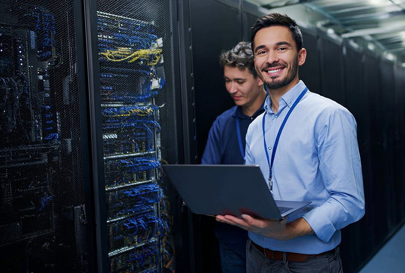 Friendly Digital Sky Solutions Managed IT Technicians working in a server room of a local business.